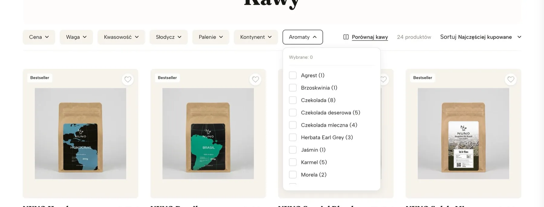 Advanced filters: acidity, sweetness, roast, aromas