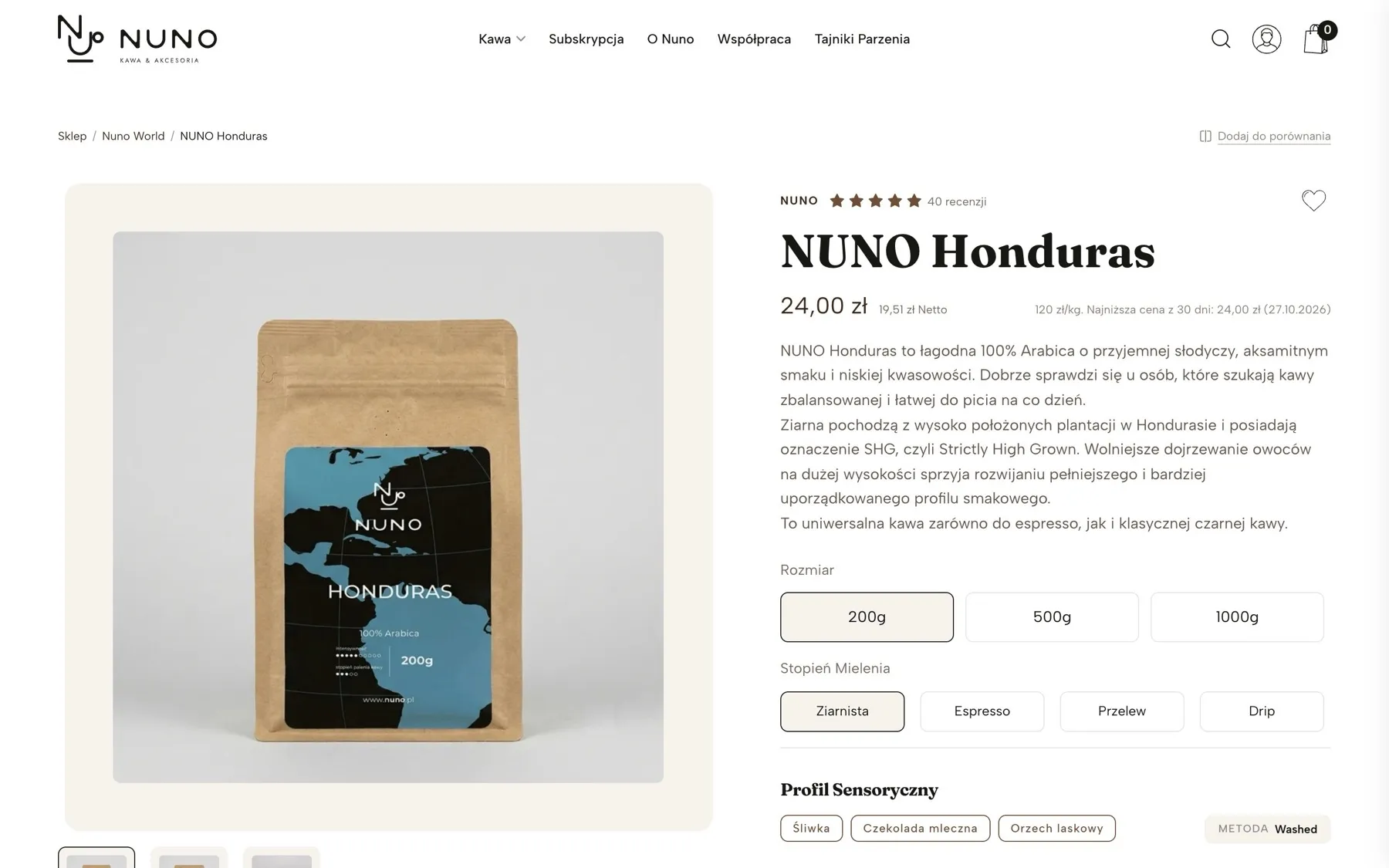 Size and grind configurator on the product page